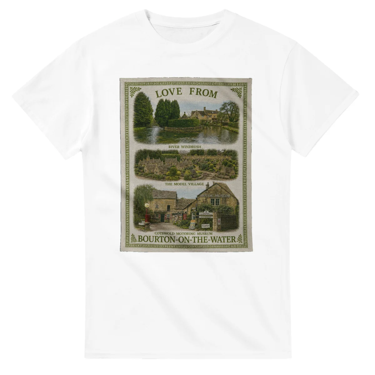 Framed scenic design for Bourton-on-the-Water, with several local views, a decorative border and LOVE FROM lettering.