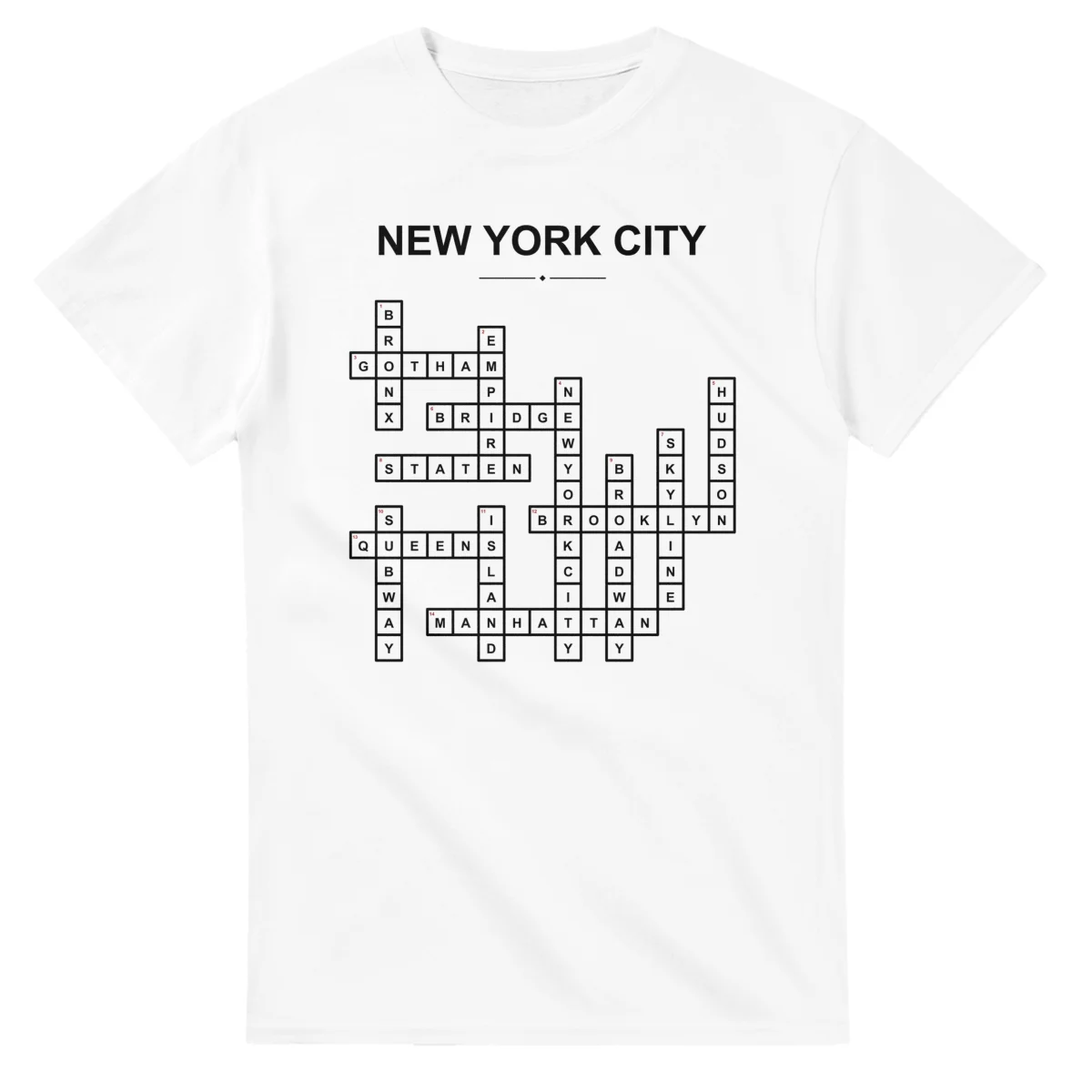 Monochrome crossword sheet for New York City, with a large place-name heading, a letter grid, and numbered across and down clues.