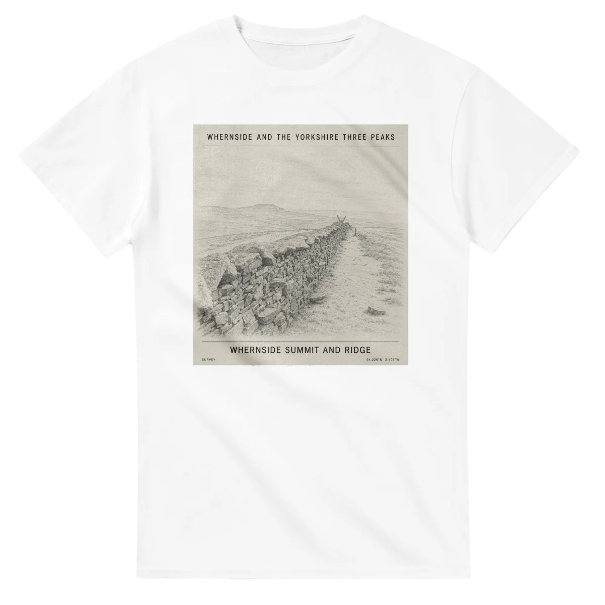 Fine-line engraving-style drawing for Whernside and the Yorkshire Three Peaks, with a landmark caption and small coordinate text.