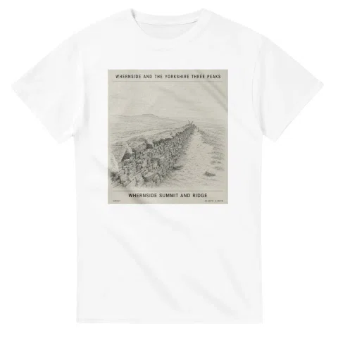 Fine-line engraving-style drawing for Whernside and the Yorkshire Three Peaks, with a landmark caption and small coordinate text.