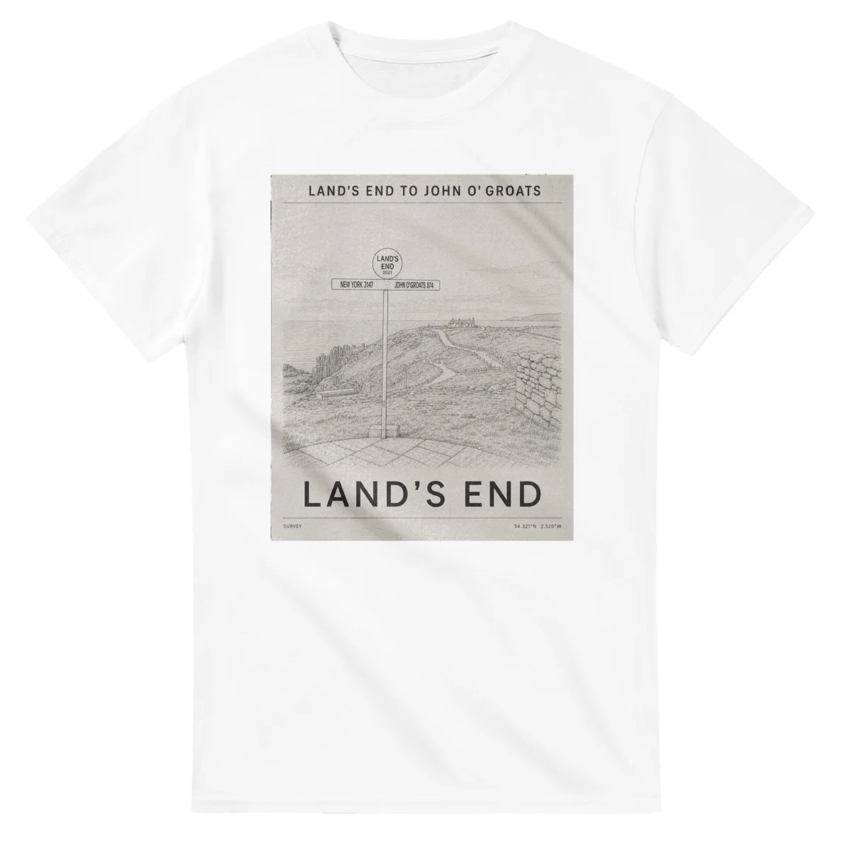 Fine-line engraving-style drawing for Land’s End to John o’ Groats, with a landmark caption and small coordinate text.