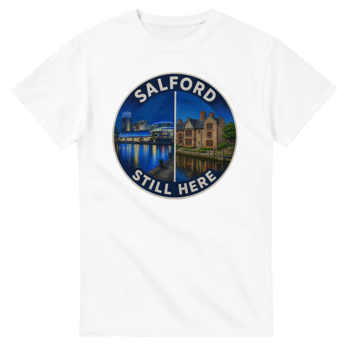 Painted, panelled scenic illustration for Salford, with paired local scenes and the place name in lettering.