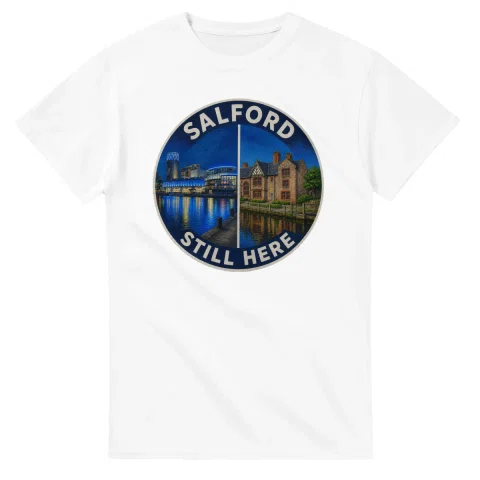 Painted, panelled scenic illustration for Salford, with paired local scenes and the place name in lettering.