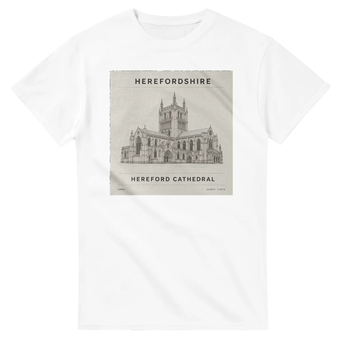 Fine-line engraving-style drawing for Herefordshire, with a landmark caption and small coordinate text.