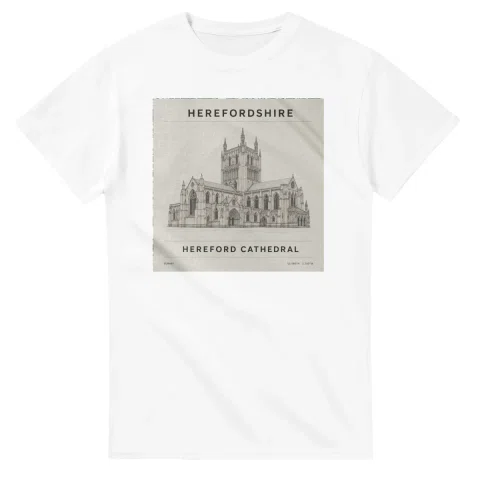 Fine-line engraving-style drawing for Herefordshire, with a landmark caption and small coordinate text.