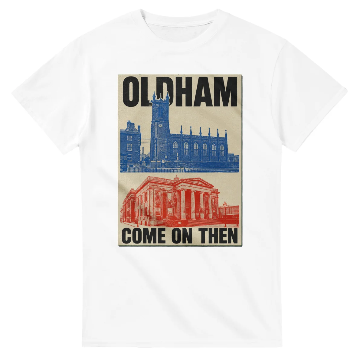 Two-colour scenic illustration for Oldham, with the place name and COME ON THEN lettering.