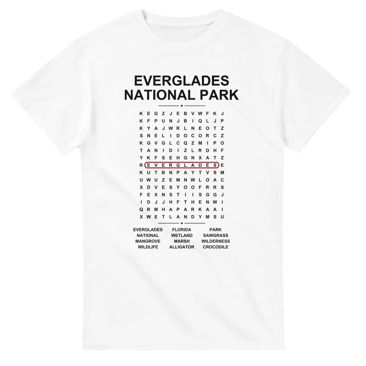 Word-search sheet for Everglades National Park, with a large place-name heading, a letter grid, a local answer list, and a red highlighted example word.