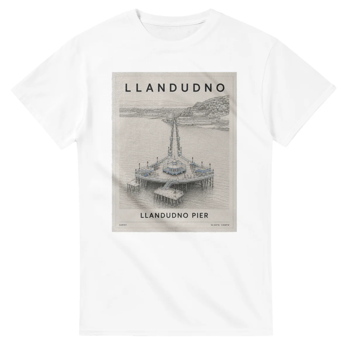 Fine-line engraving-style drawing for Llandudno, with a landmark caption and small coordinate text.