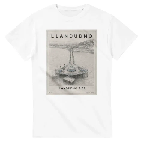 Fine-line engraving-style drawing for Llandudno, with a landmark caption and small coordinate text.