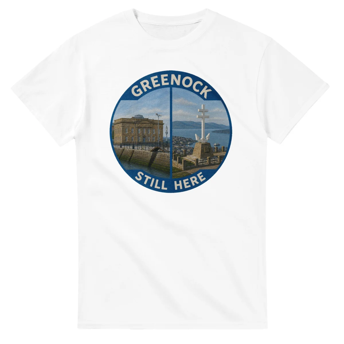 Painted, panelled scenic illustration for Greenock, with paired local scenes and the place name in lettering.