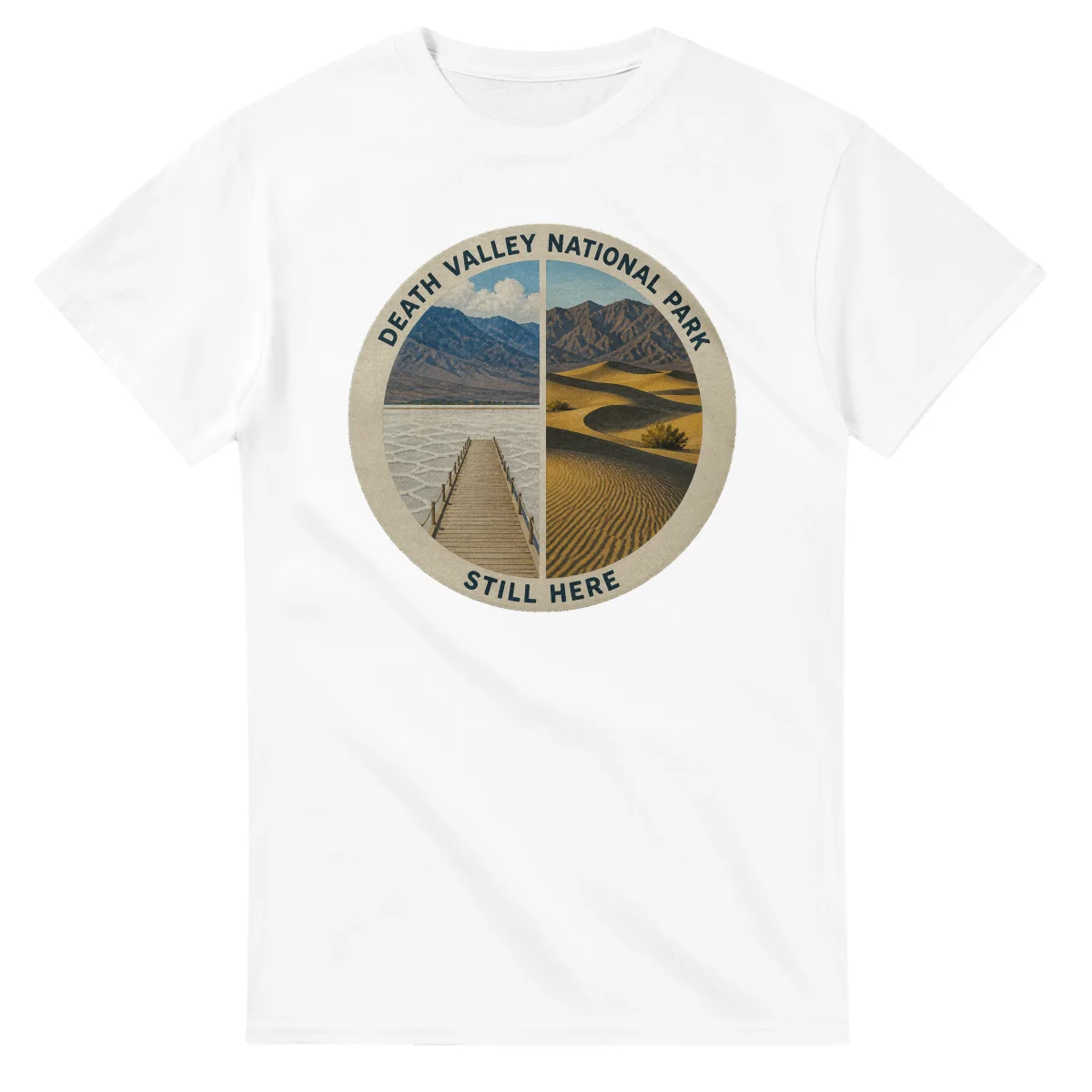 Painted, panelled scenic illustration for Death Valley National Park, with paired local scenes and the place name in lettering.