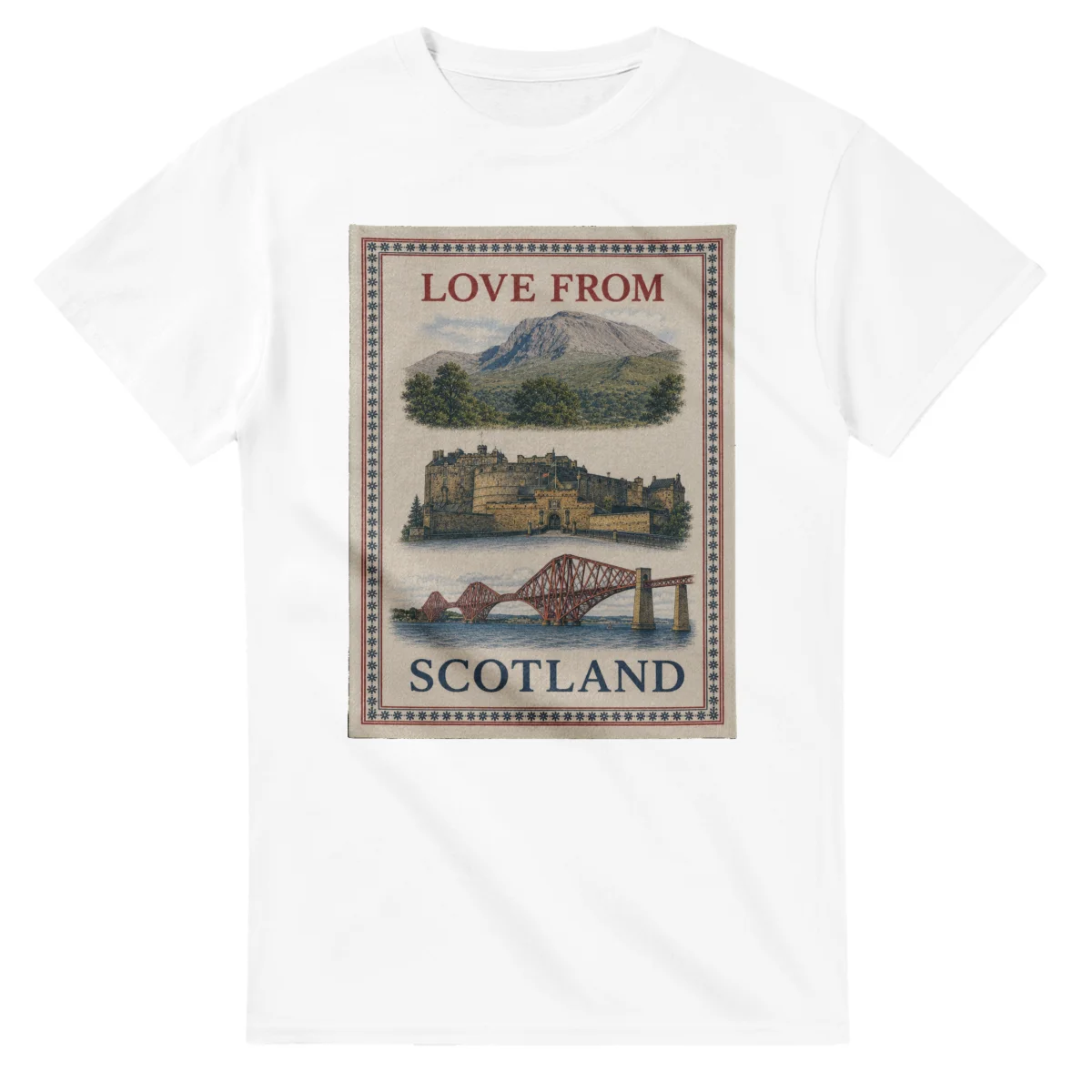 Framed scenic design for Scotland, with several local views, a decorative border and LOVE FROM lettering.