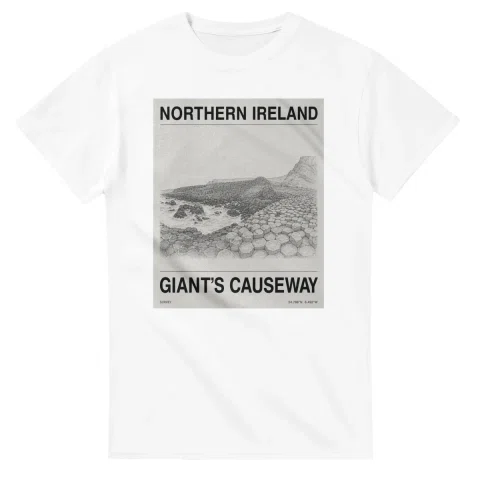 Fine-line engraving-style drawing for Northern Ireland, with a landmark caption and small coordinate text.