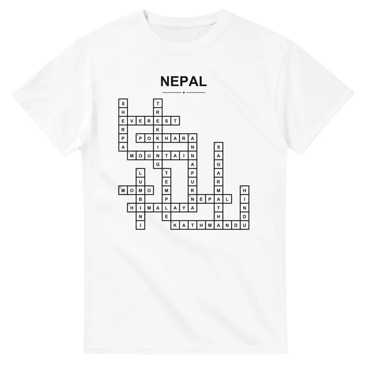 Monochrome crossword sheet for Nepal, with a large place-name heading, a letter grid, and numbered across and down clues.