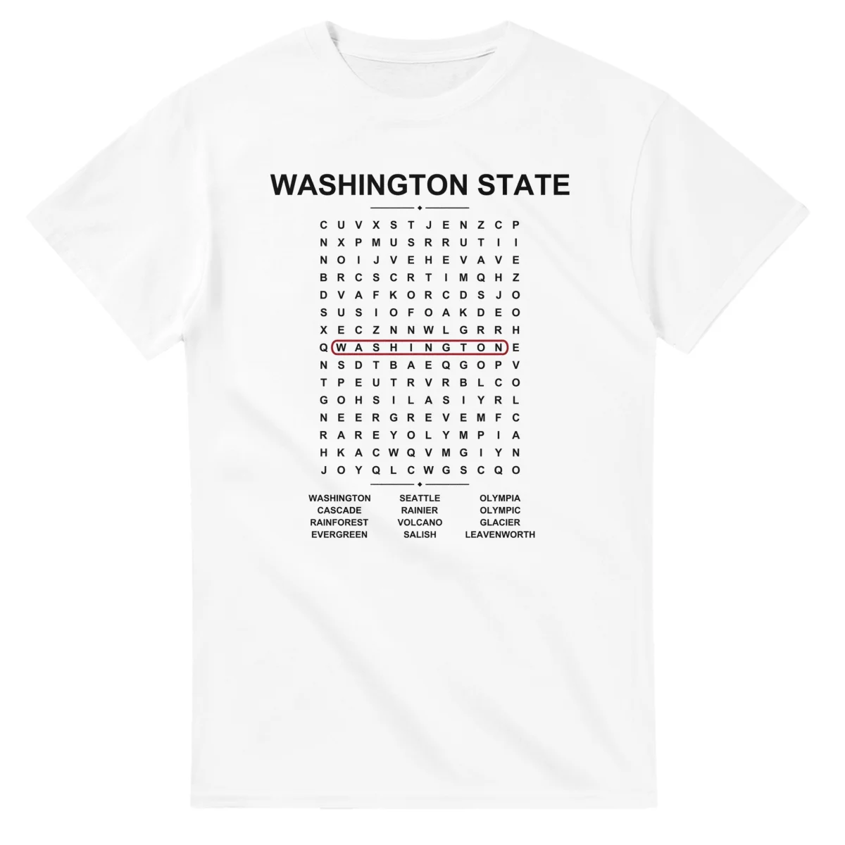 Word-search sheet for Washington State, with a large place-name heading, a letter grid, a local answer list, and a red highlighted example word.