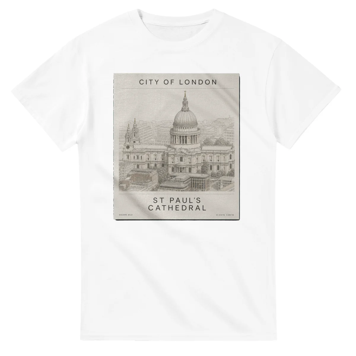 Fine-line engraving-style drawing for City of London, with a landmark caption and small coordinate text.