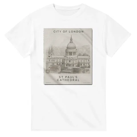 Fine-line engraving-style drawing for City of London, with a landmark caption and small coordinate text.