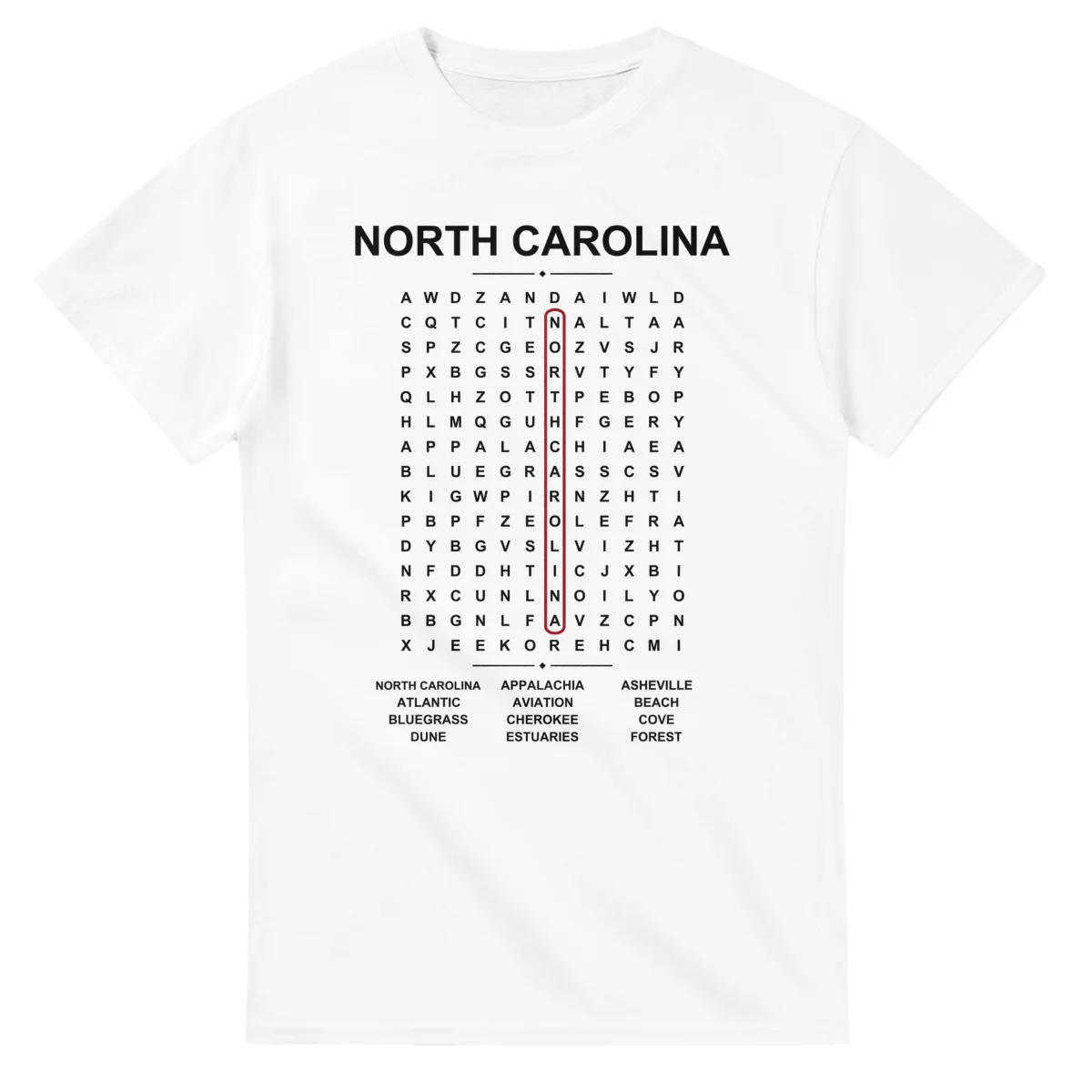 Word-search sheet for North Carolina, with a large place-name heading, a letter grid, a local answer list, and a red highlighted example word.