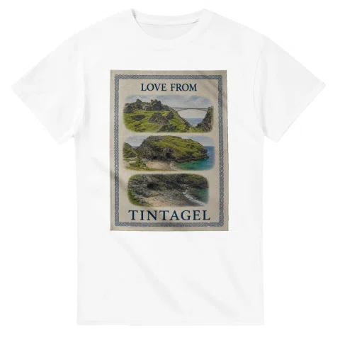 Framed scenic design for Tintagel, with several local views, a decorative border and LOVE FROM lettering.