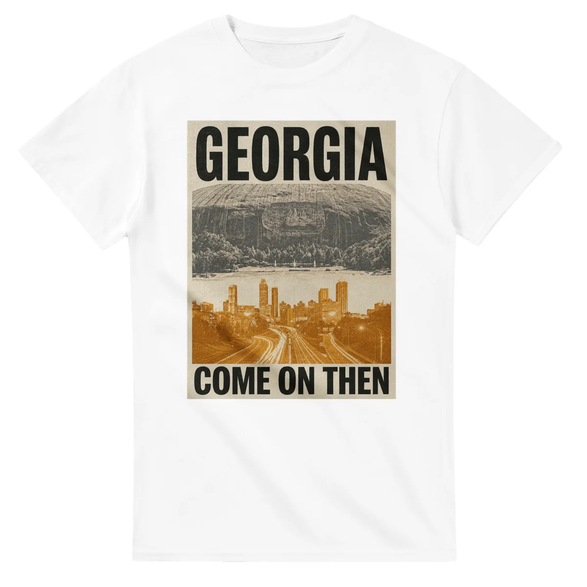 Two-colour scenic illustration for Georgia, with the place name and COME ON THEN lettering.