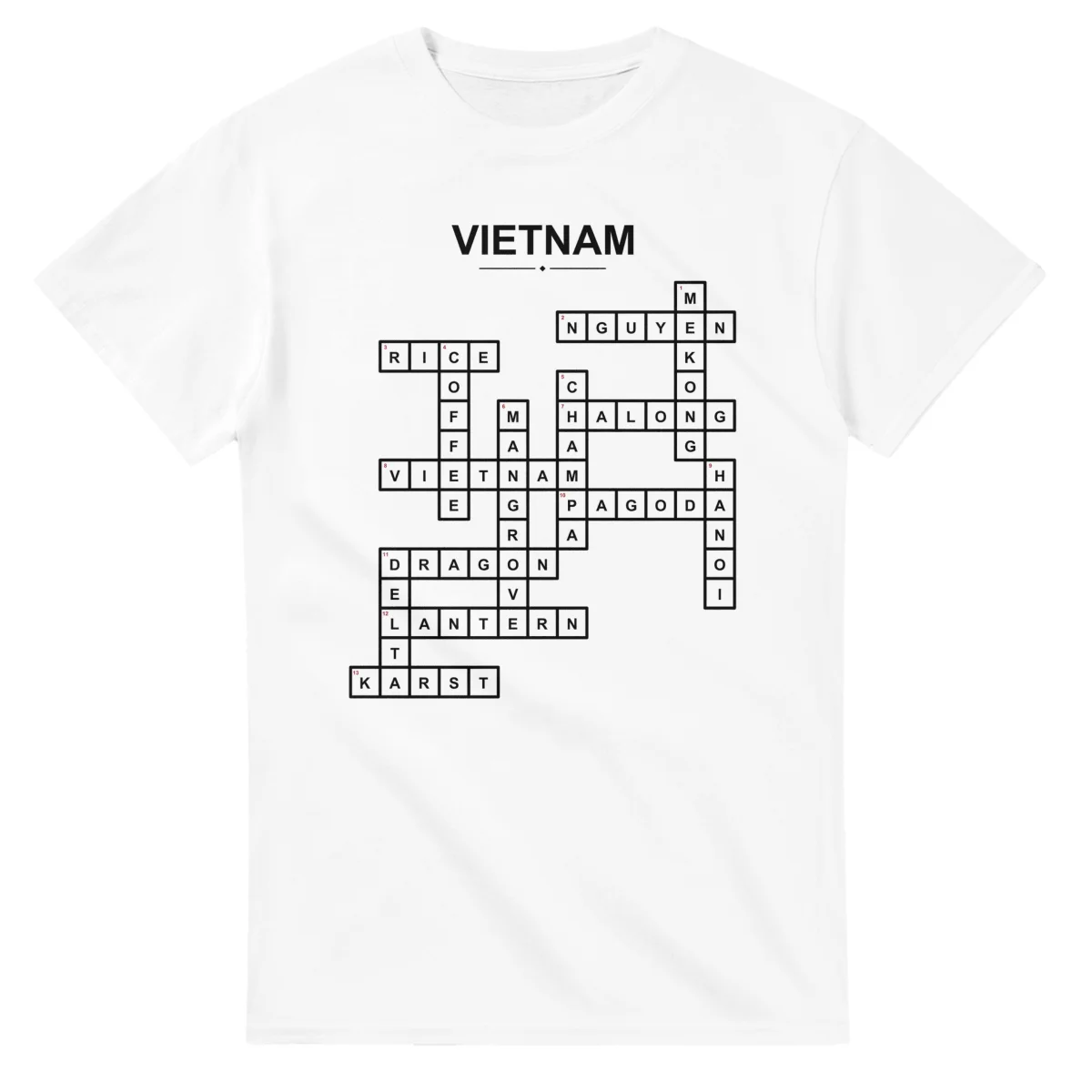 Monochrome crossword sheet for Vietnam, with a large place-name heading, a letter grid, and numbered across and down clues.