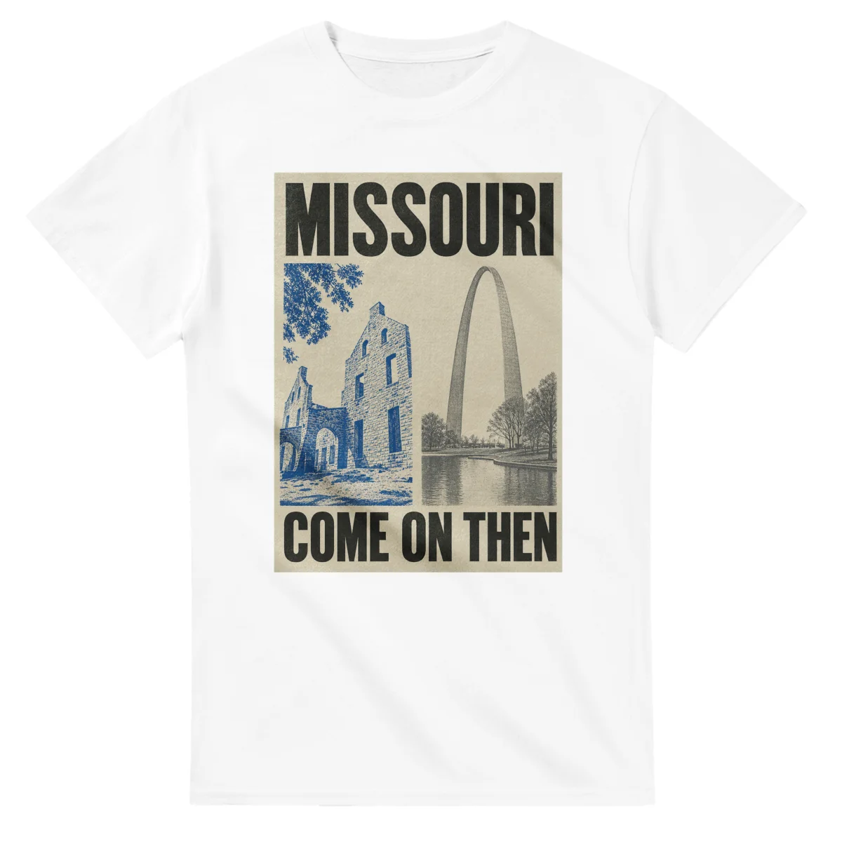 Two-colour scenic illustration for Missouri, with the place name and COME ON THEN lettering.