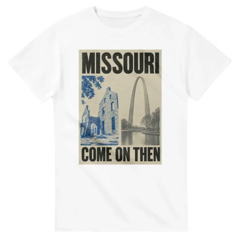 Two-colour scenic illustration for Missouri, with the place name and COME ON THEN lettering.