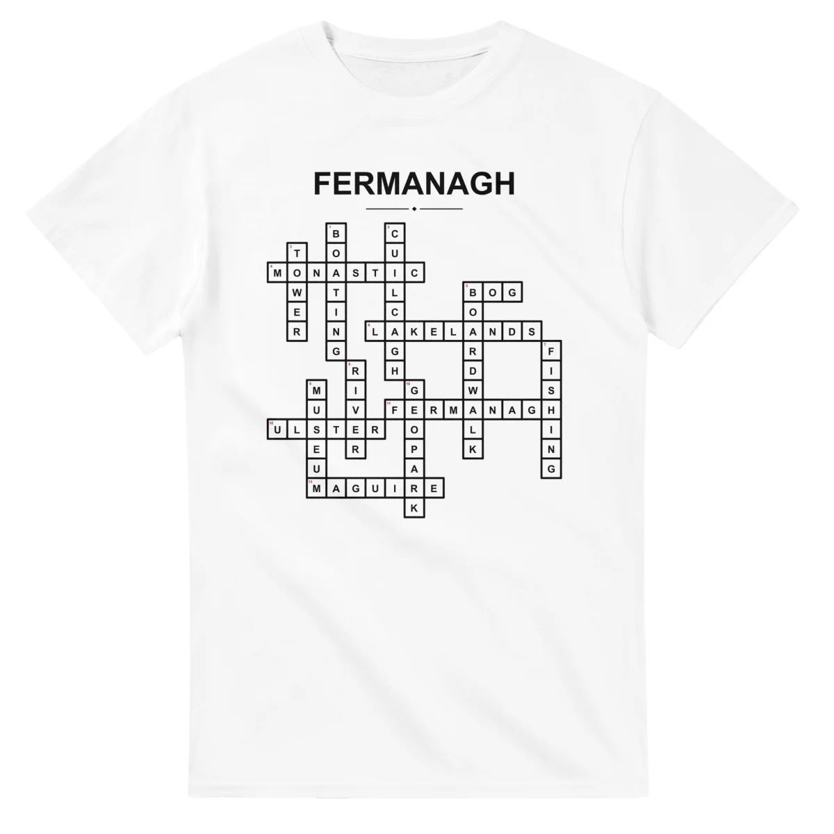Monochrome crossword sheet for Fermanagh, with a large place-name heading, a letter grid, and numbered across and down clues.