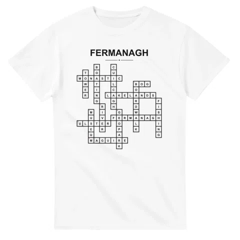 Monochrome crossword sheet for Fermanagh, with a large place-name heading, a letter grid, and numbered across and down clues.