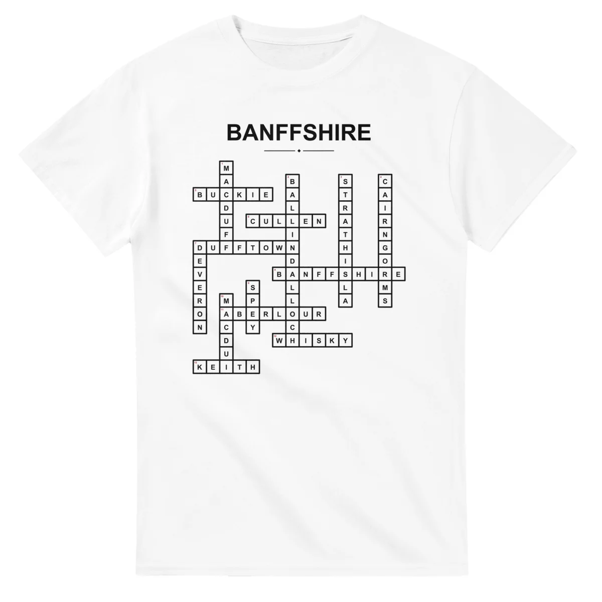 Monochrome crossword sheet for Banffshire, with a large place-name heading, a letter grid, and numbered across and down clues.