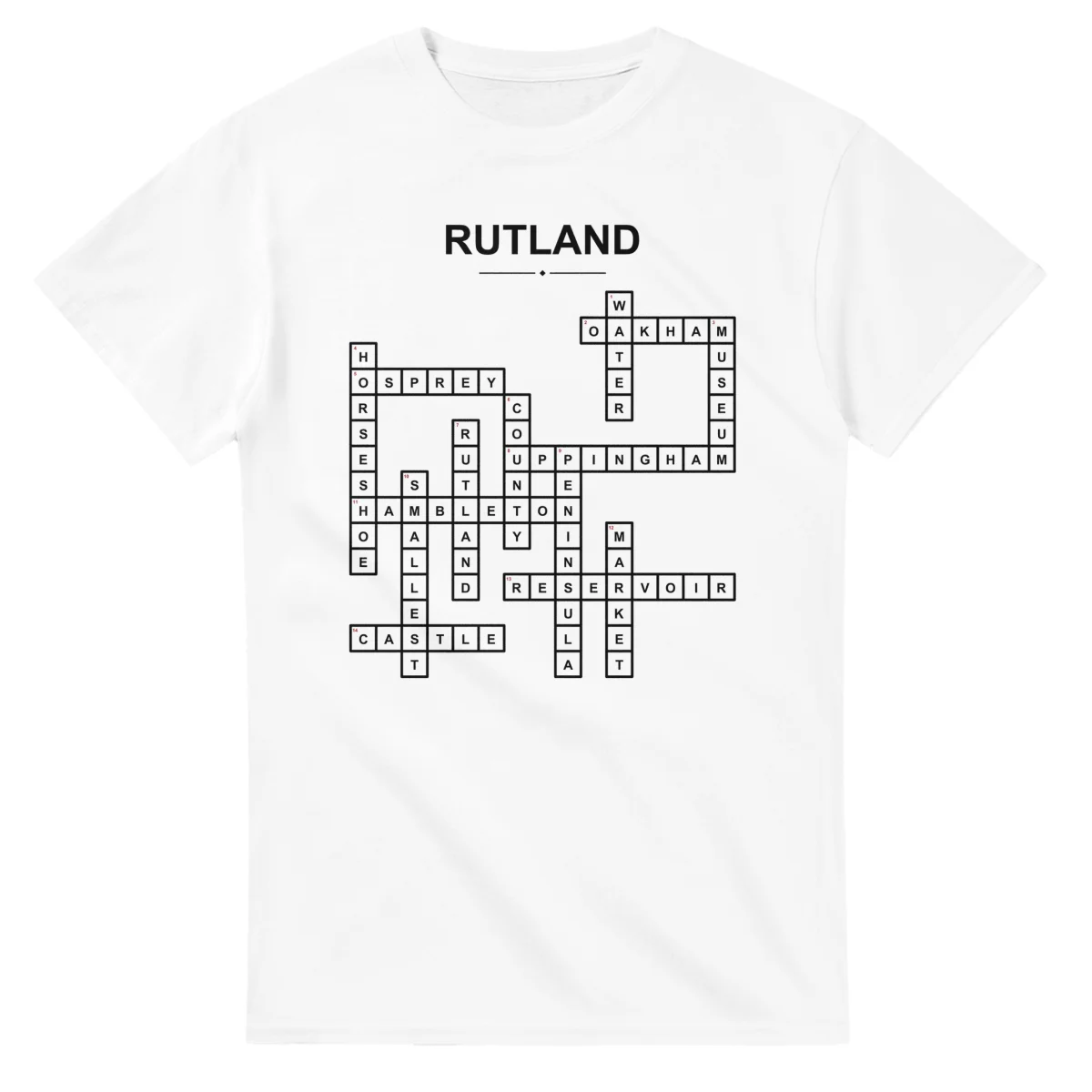 Monochrome crossword sheet for Rutland, with a large place-name heading, a letter grid, and numbered across and down clues.