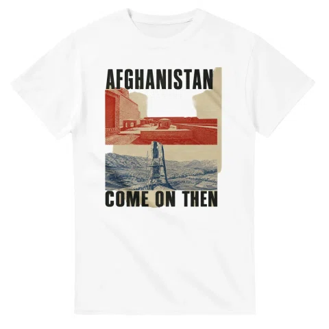 Two-colour scenic illustration for Afghanistan, with the place name and COME ON THEN lettering.