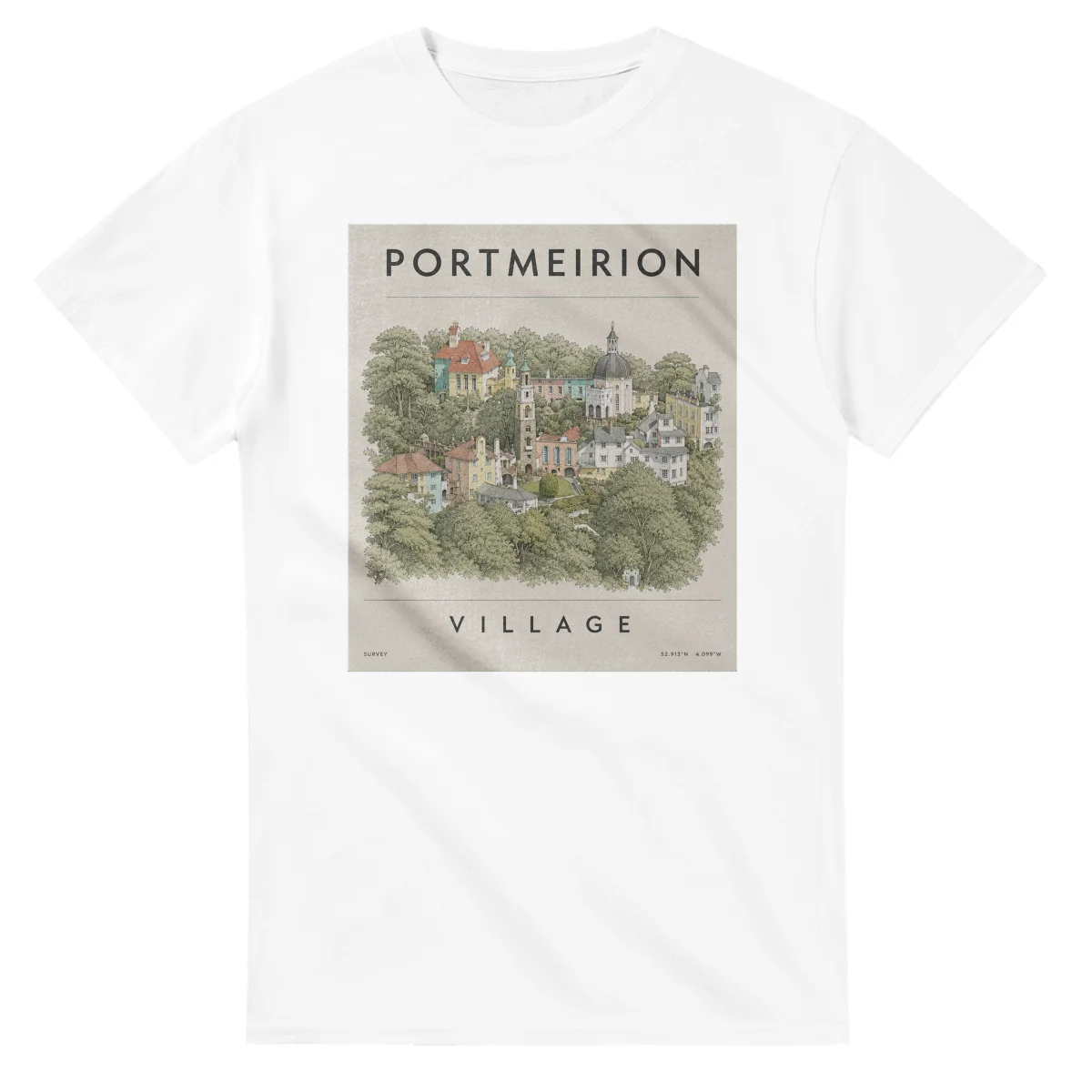 Fine-line engraving-style drawing for Portmeirion, with a landmark caption and small coordinate text.