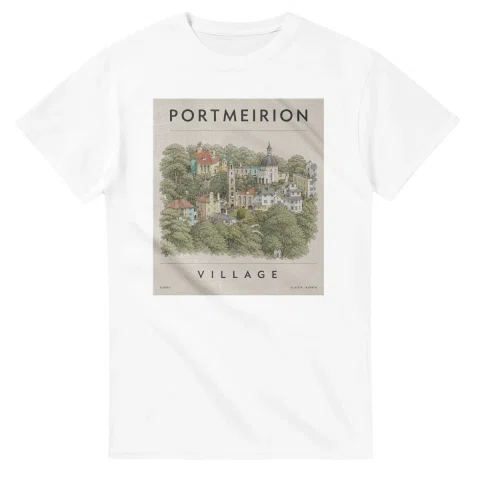 Fine-line engraving-style drawing for Portmeirion, with a landmark caption and small coordinate text.