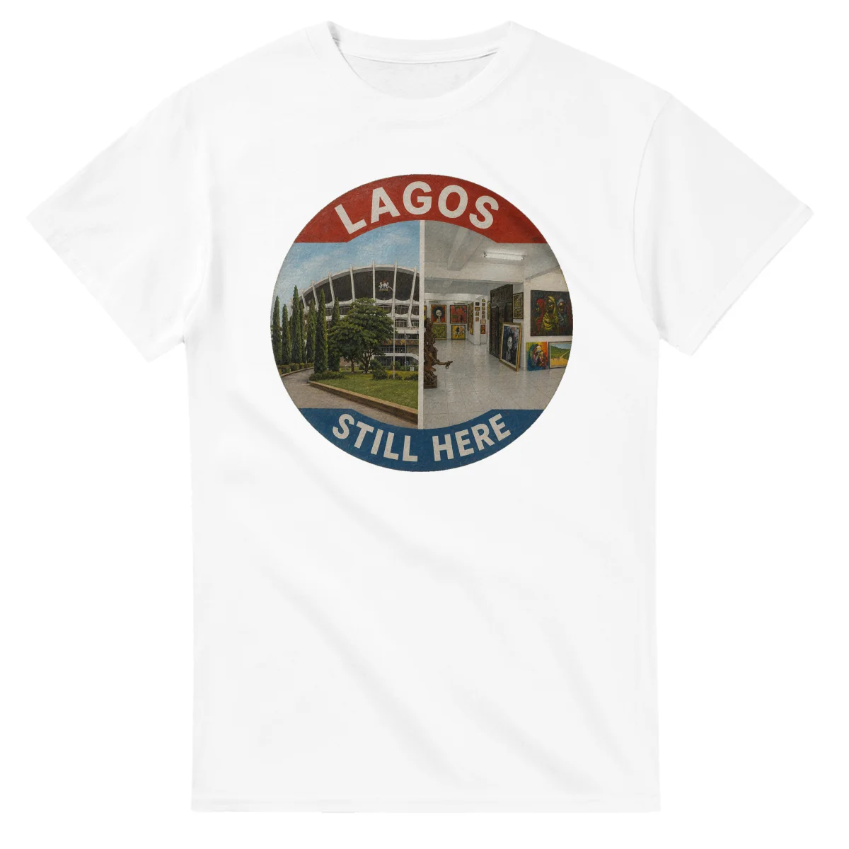Painted, panelled scenic illustration for Lagos, with paired local scenes and the place name in lettering.