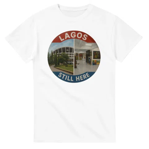 Painted, panelled scenic illustration for Lagos, with paired local scenes and the place name in lettering.