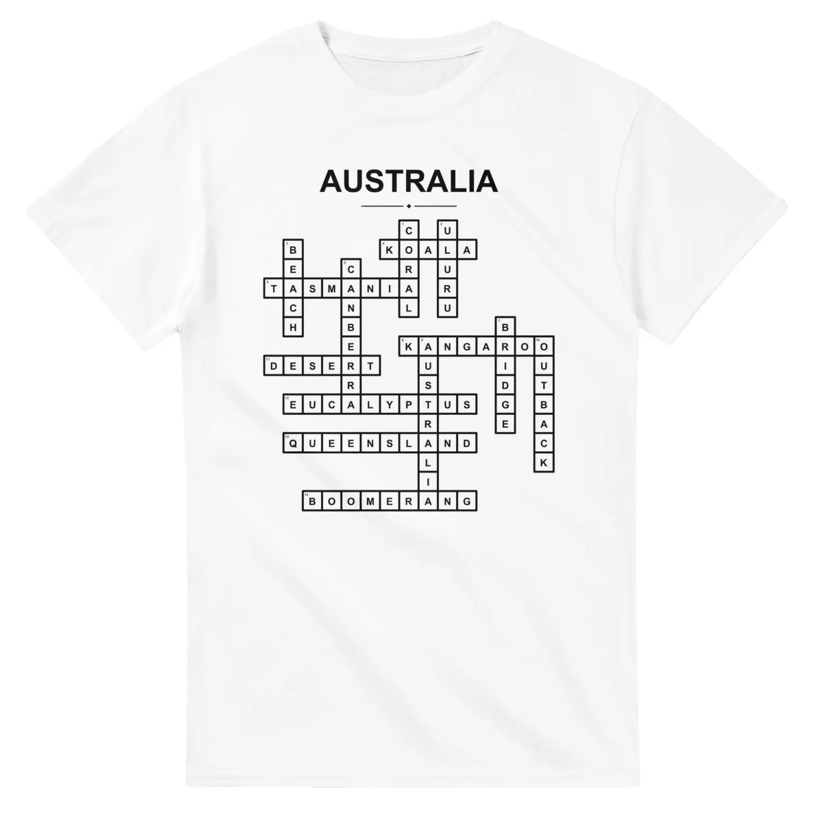 Monochrome crossword sheet for Australia, with a large place-name heading, a letter grid, and numbered across and down clues.