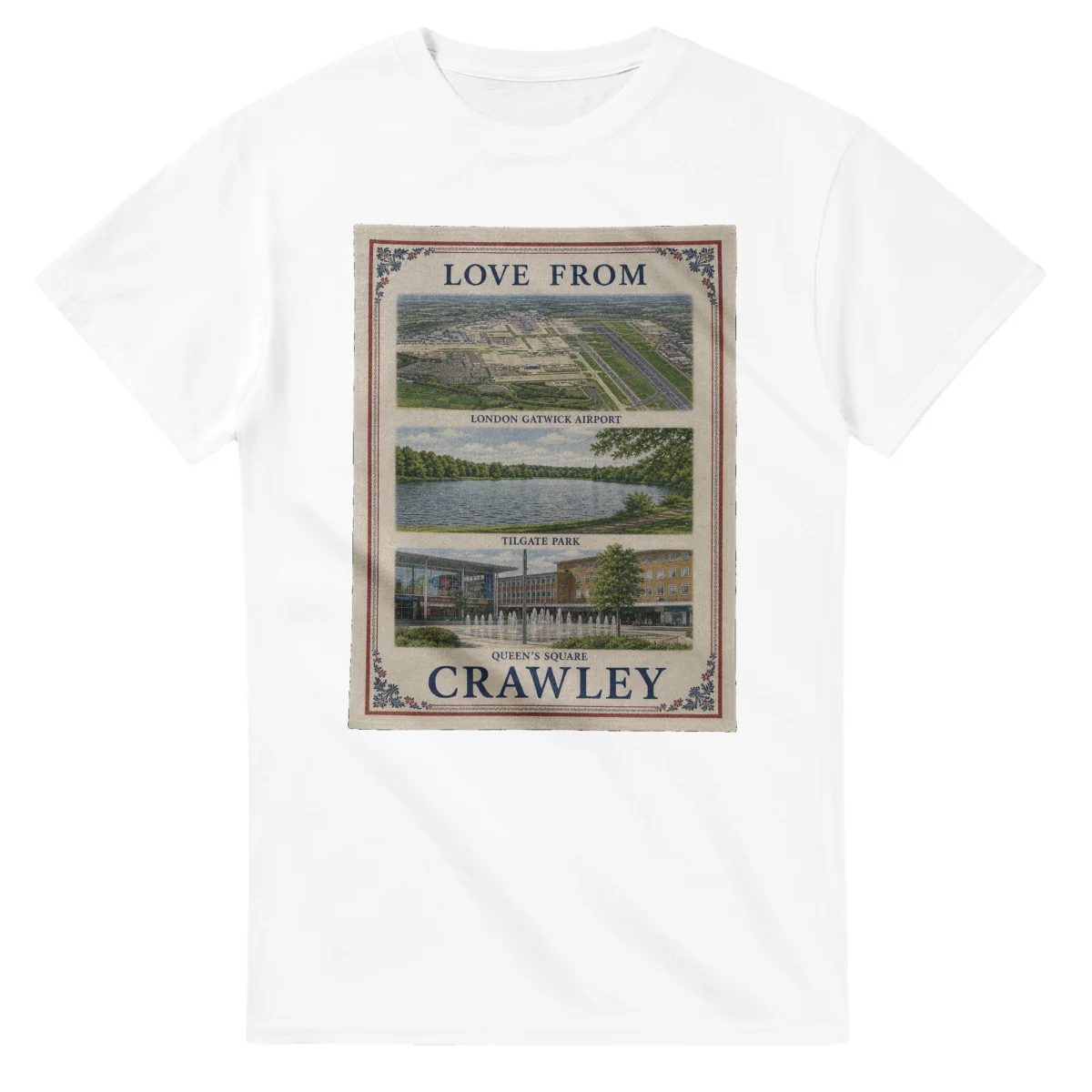 Framed scenic design for Crawley, with several local views, a decorative border and LOVE FROM lettering.