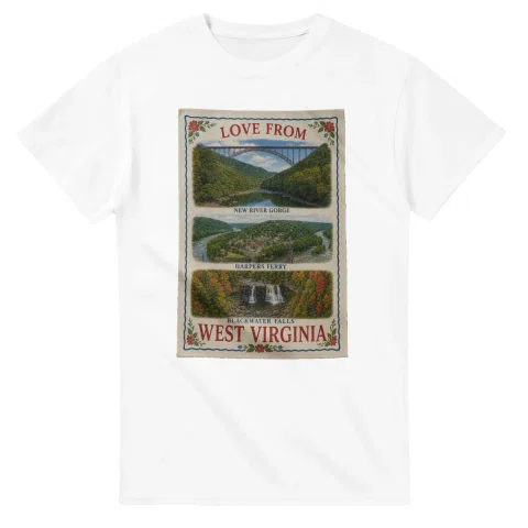 Framed scenic design for West Virginia, with several local views, a decorative border and LOVE FROM lettering.