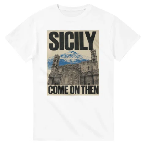 Two-colour scenic illustration for Sicily, with the place name and COME ON THEN lettering.