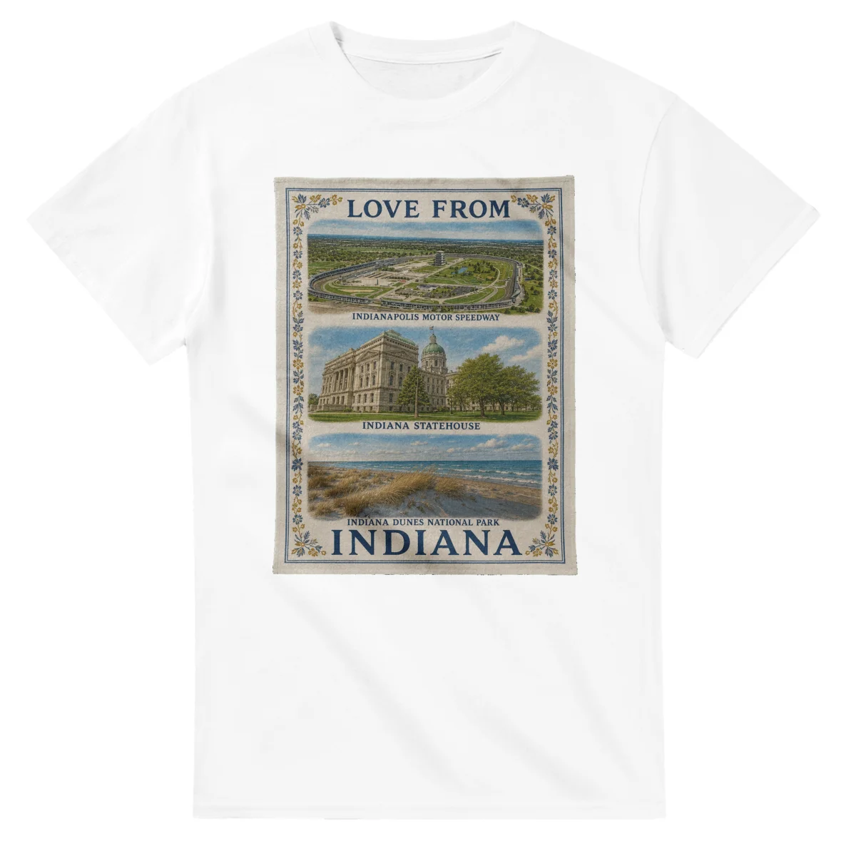 Framed scenic design for Indiana, with several local views, a decorative border and LOVE FROM lettering.