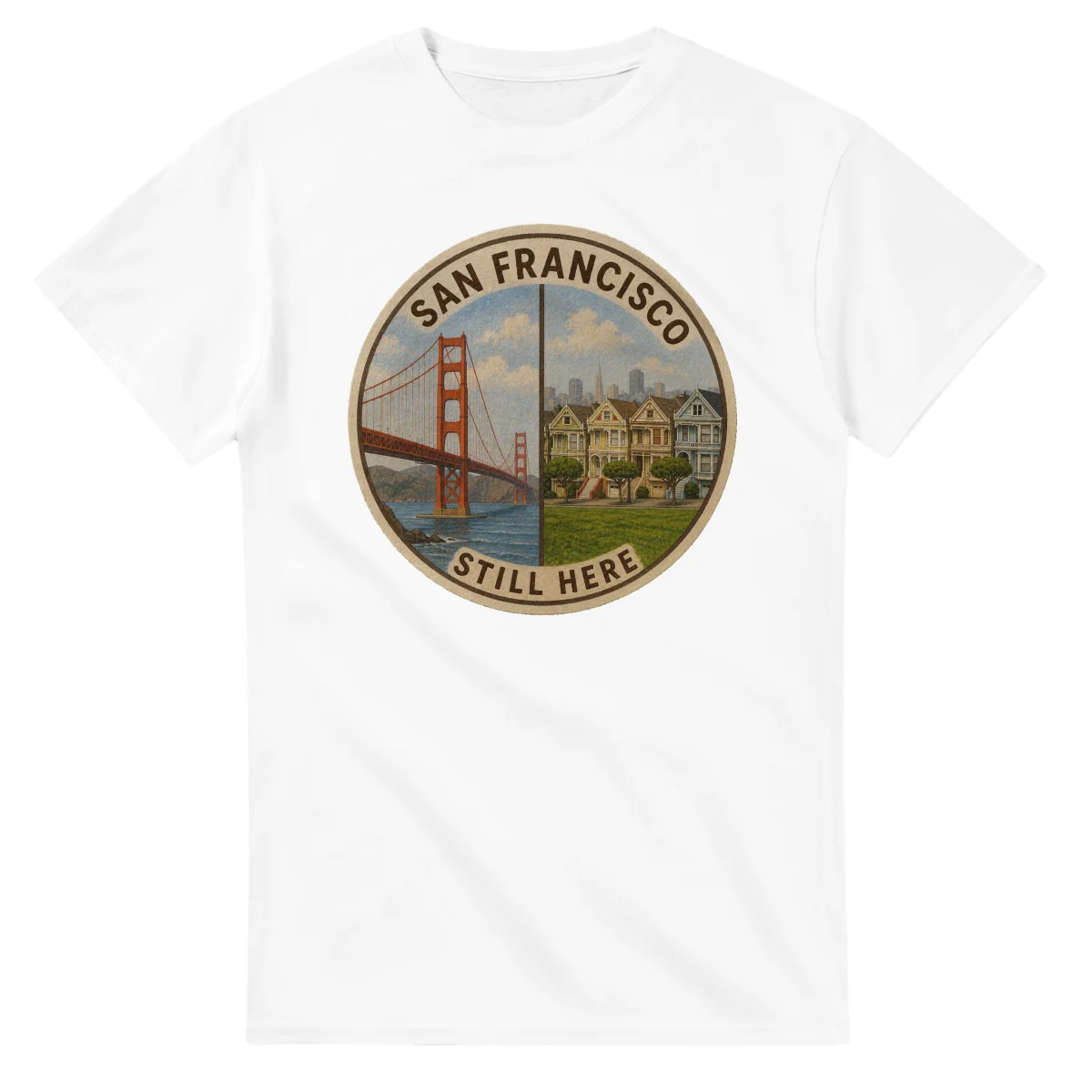 Painted, panelled scenic illustration for San Francisco, with paired local scenes and the place name in lettering.
