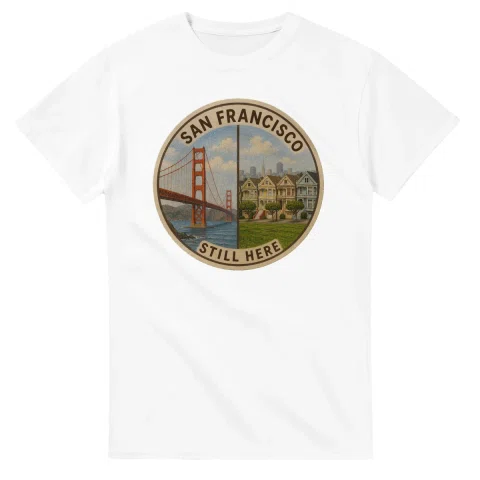 Painted, panelled scenic illustration for San Francisco, with paired local scenes and the place name in lettering.
