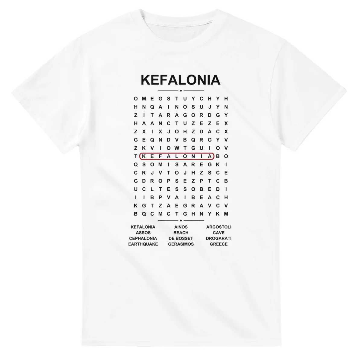 Word-search sheet for Kefalonia, with a large place-name heading, a letter grid, a local answer list, and a red highlighted example word.