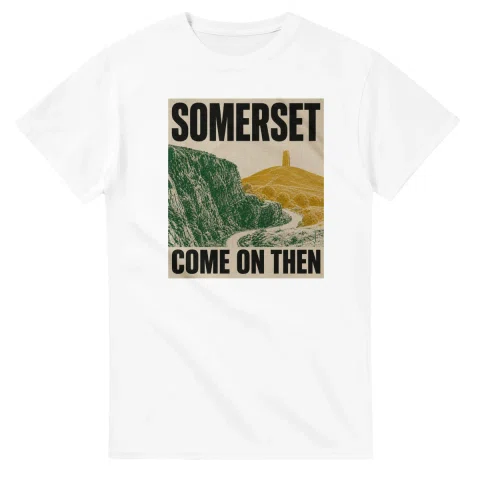 Two-colour scenic illustration for Somerset, with the place name and COME ON THEN lettering.