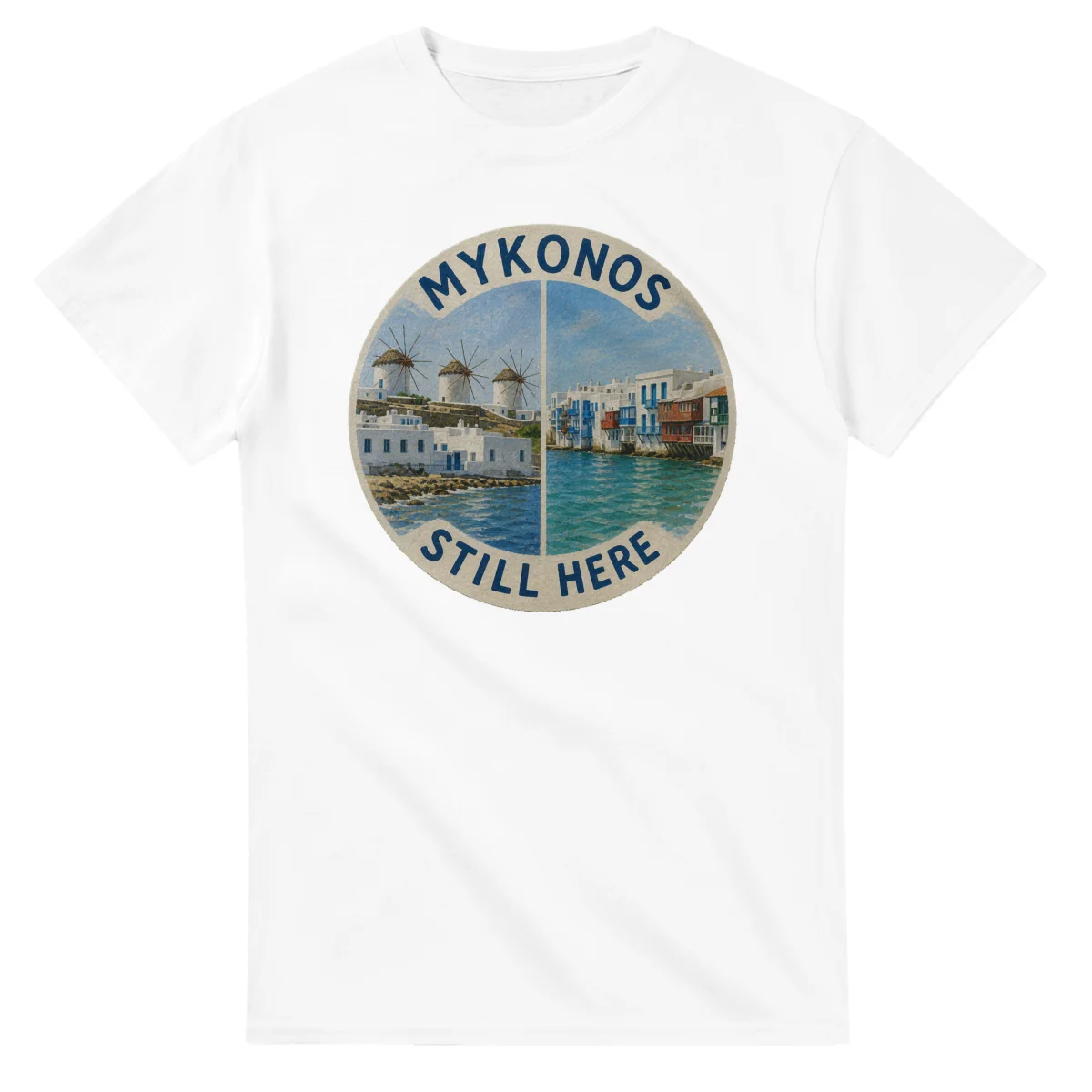 Painted, panelled scenic illustration for Mykonos, with paired local scenes and the place name in lettering.
