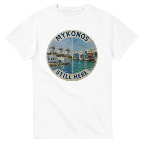 Painted, panelled scenic illustration for Mykonos, with paired local scenes and the place name in lettering.