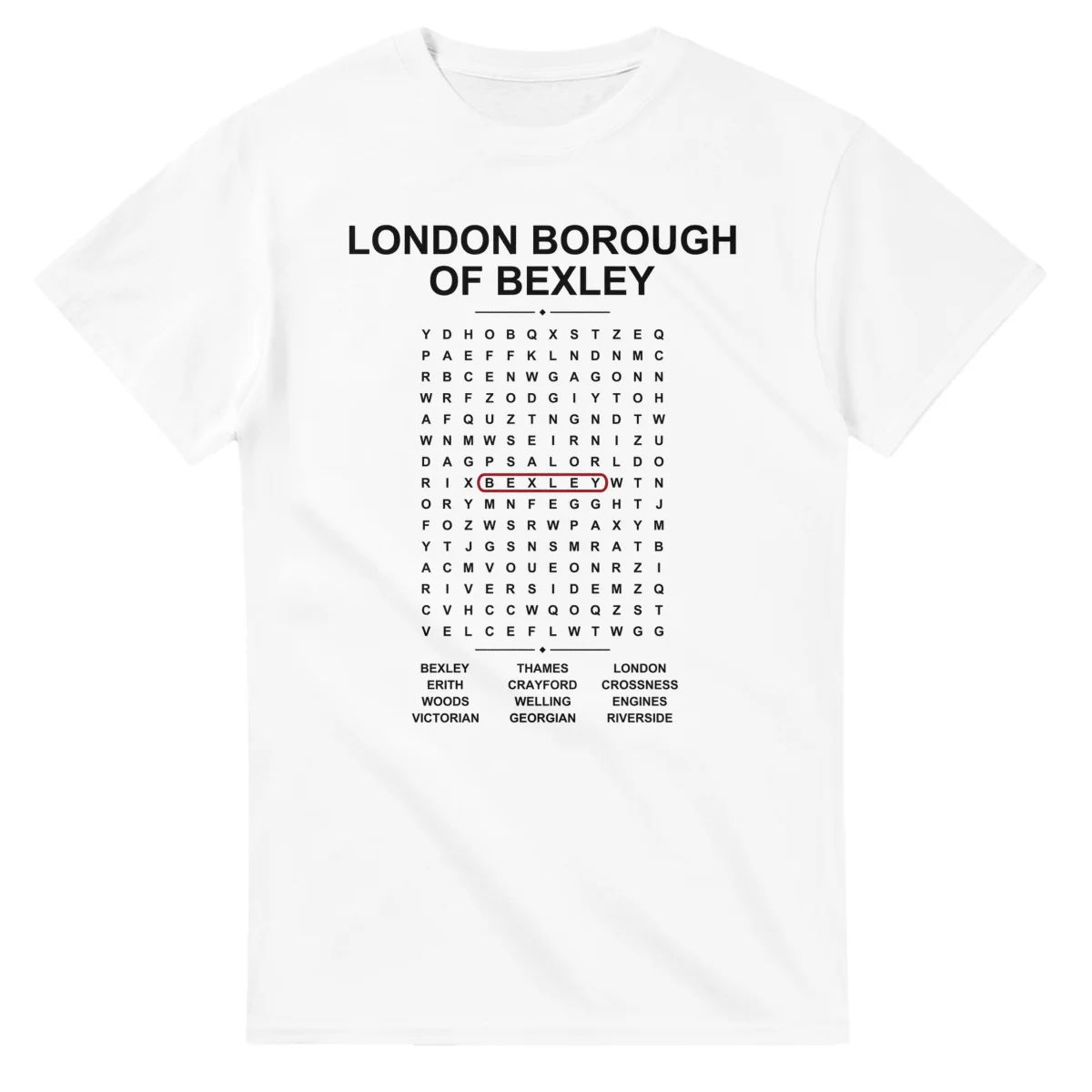 Word-search sheet for London Borough of Bexley, with a large place-name heading, a letter grid, a local answer list, and a red highlighted example word.