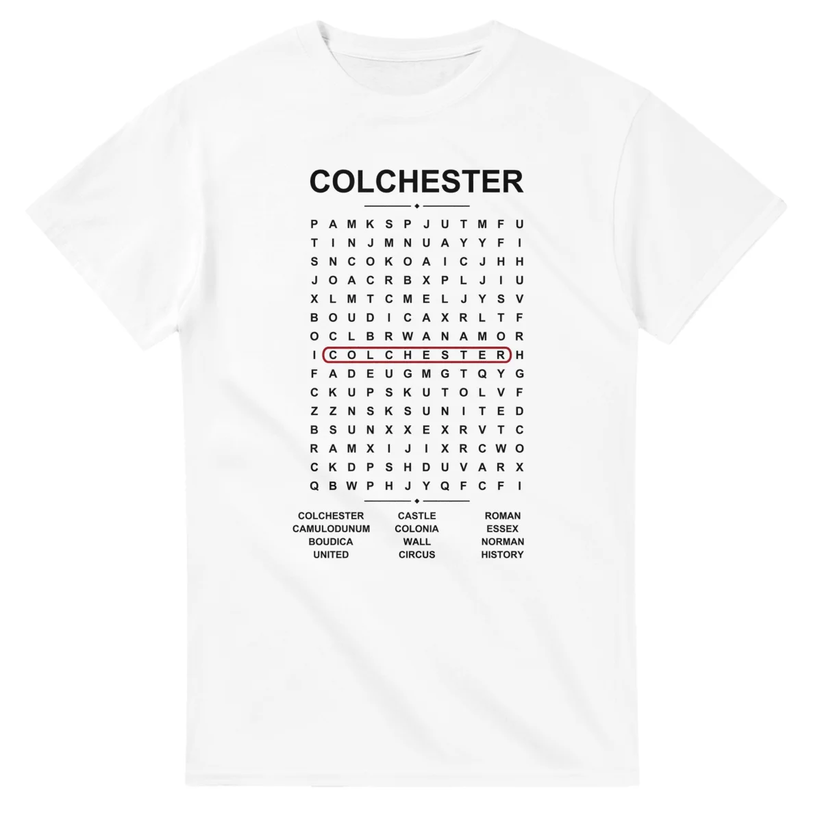 Word-search sheet for Colchester, with a large place-name heading, a letter grid, a local answer list, and a red highlighted example word.