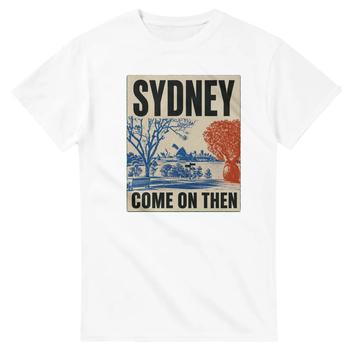 Two-colour scenic illustration for Sydney, with the place name and COME ON THEN lettering.
